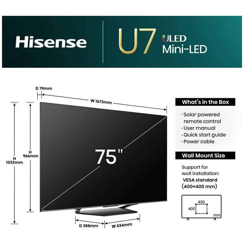 Hisense 75 Inch U7N ULED 4K Mini LED Smart TV 75U7NAU